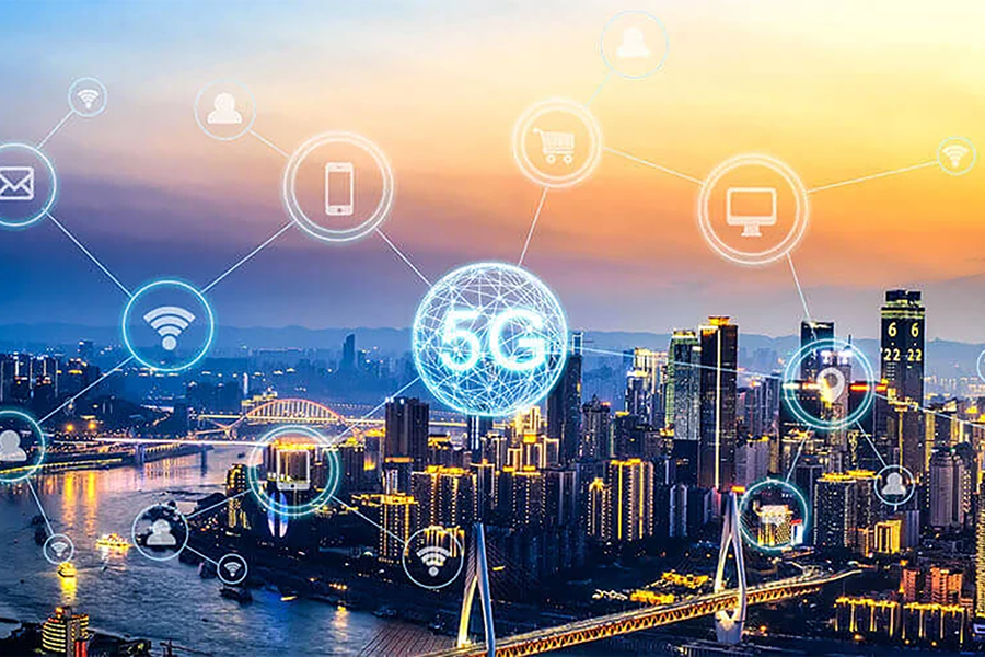 City skyline with 5G sybols connecting it