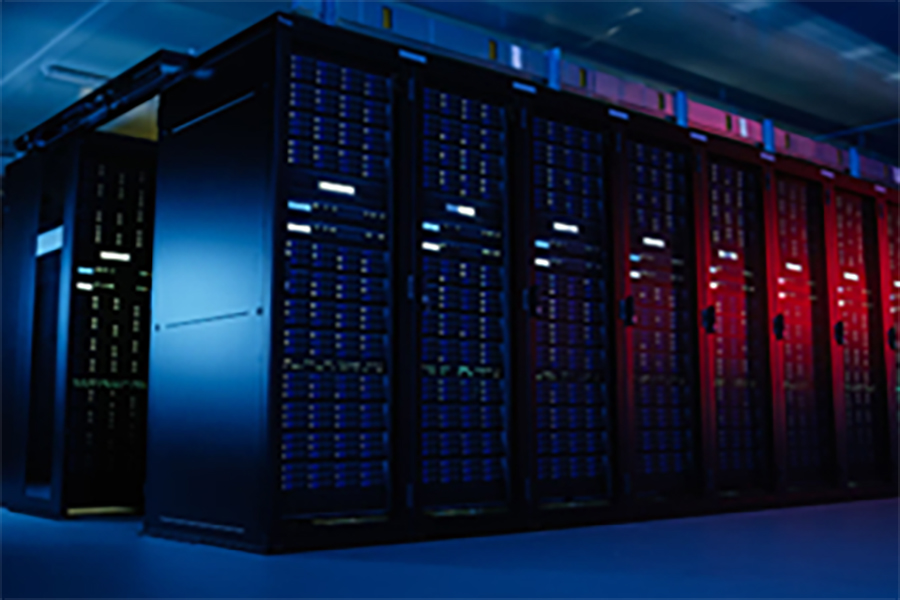 A data center with blue and red lighting