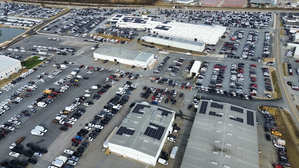 Akins Ford overview shot with solar panels on top of the building