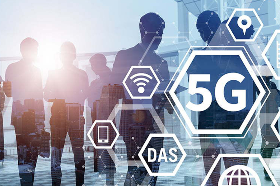 People walking with a blue overlay. 5G icons are scattered across the image.