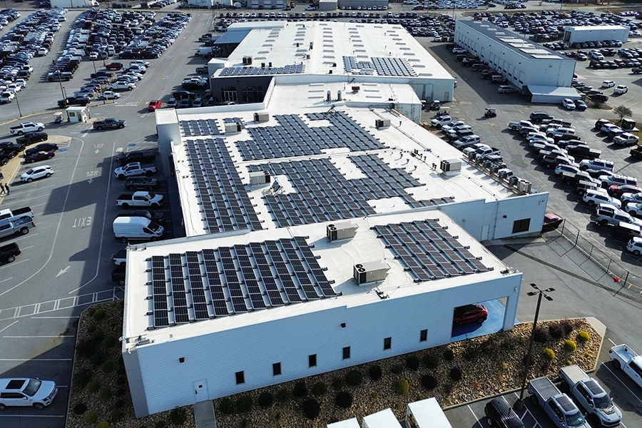 Akins Ford Commercial Flat Roof Solar Panels on Roof