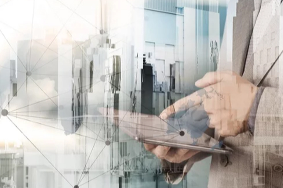 Artistic illustration of someone typing on a tablet.