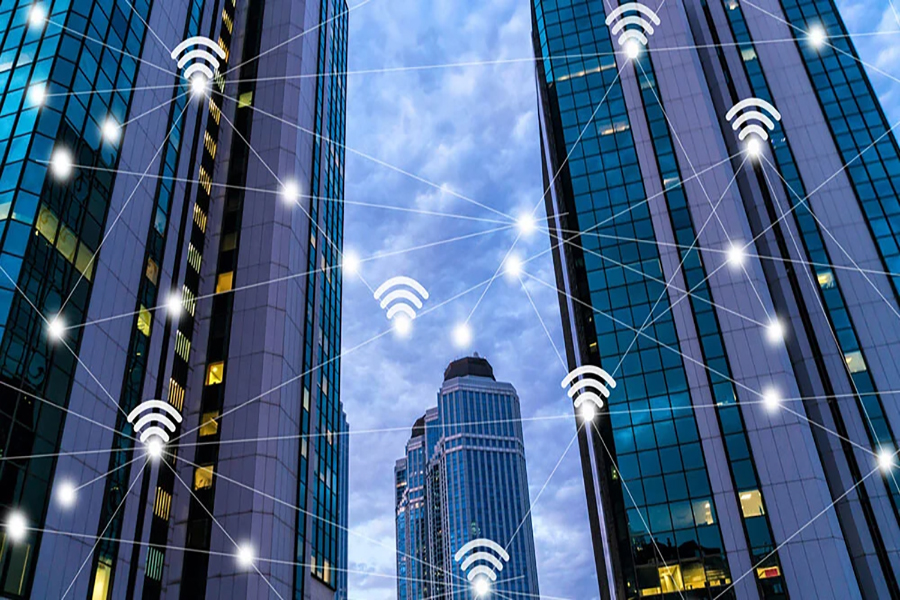 A city skyline with wifi symbols connecting it