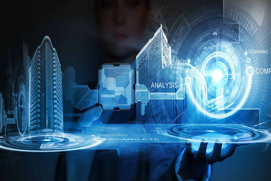 Business person holding a media image of a city in their palm.