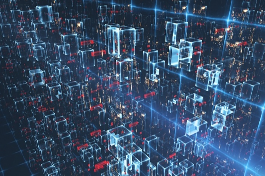 A graphic depicting data points floating interconnected on a dark blue background.
