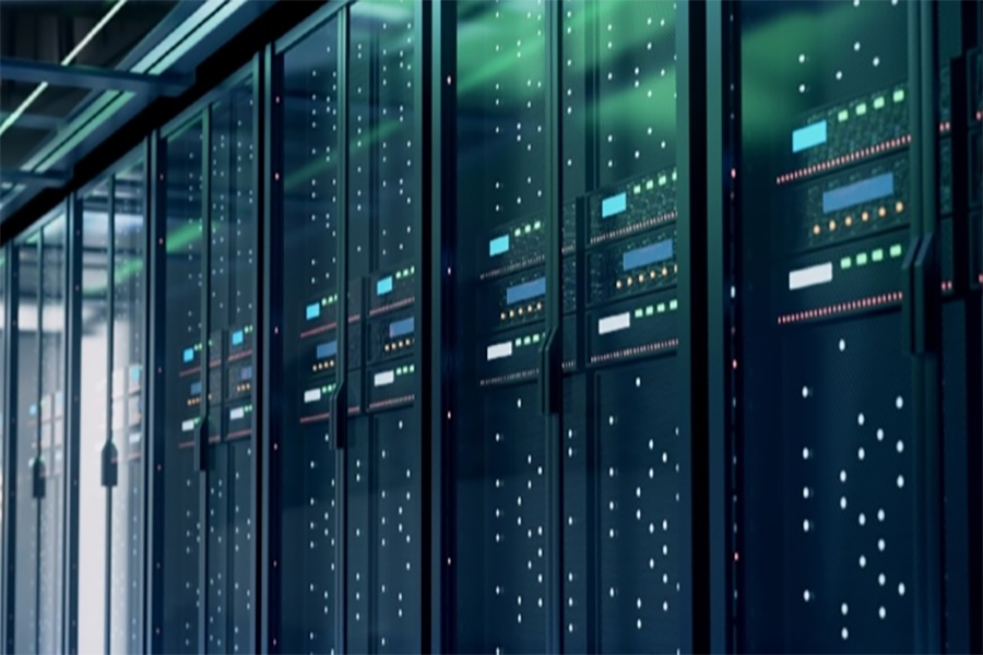 Data center with blue and green lighting.