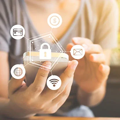 Hands holding a cellphone with a lock icon overlaid